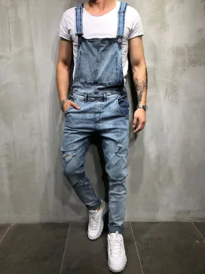 Men's Skinny Fit Distressed Denim Overalls