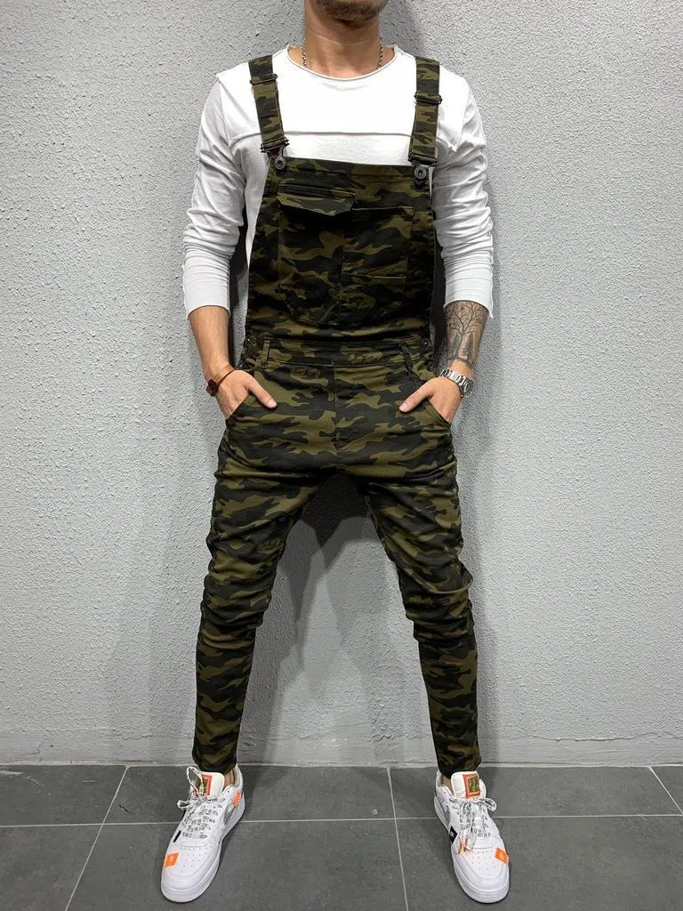 Men's Skinny Fit Flap Pocket Denim Overalls