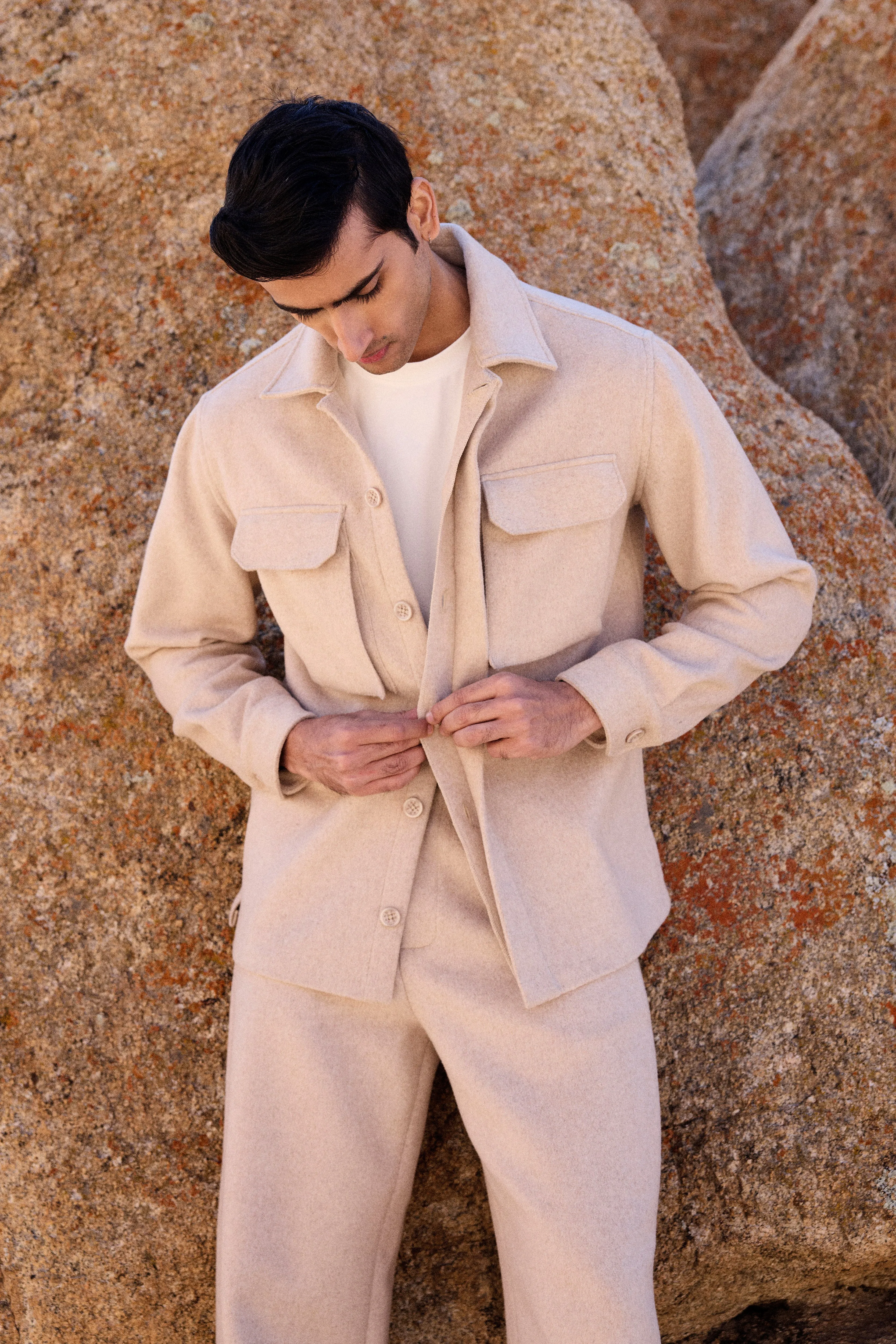 Merino Wool Blend Jacket w Pockets - Man & Merino Wool Blend Pants - Man (Oatmeal)