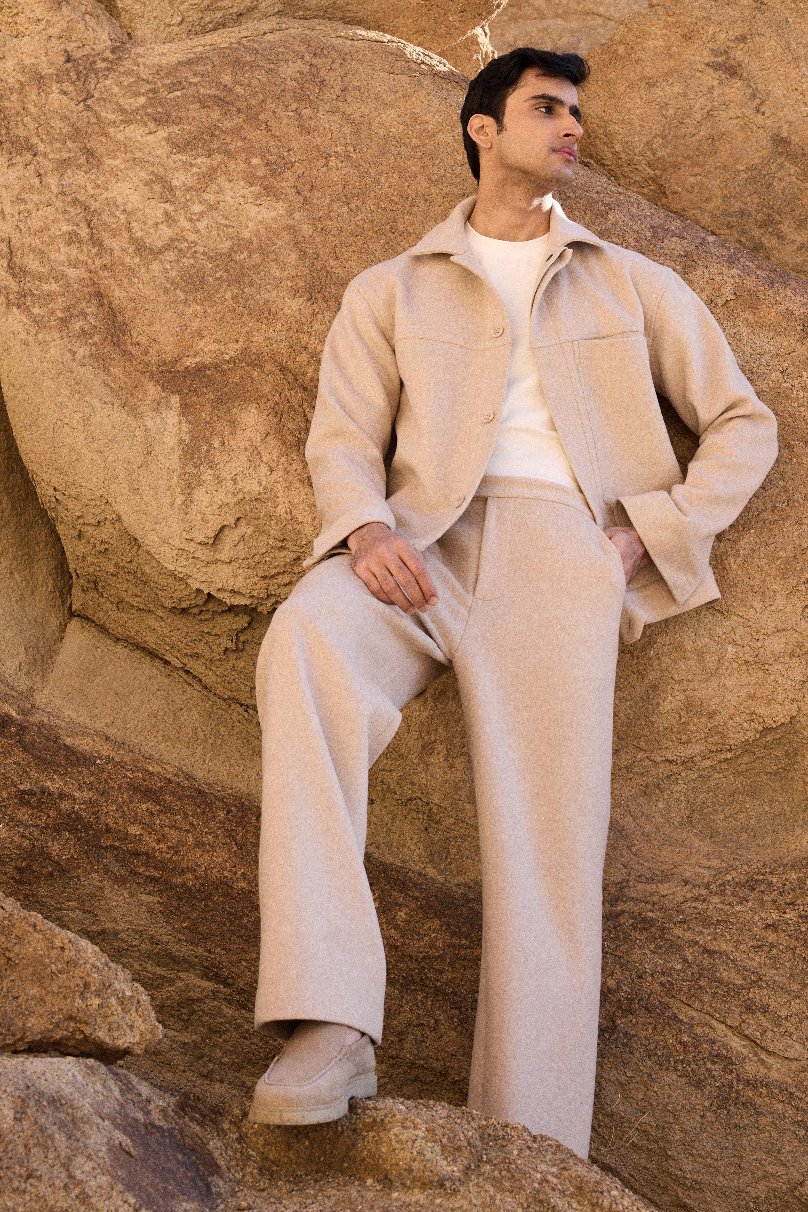 Merino Wool Blend Jacket w Pockets - Man & Merino Wool Blend Pants - Man (Oatmeal)