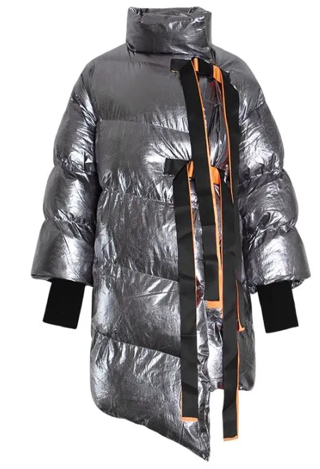 Metallic Silver Puffer Asymmetric Jacket