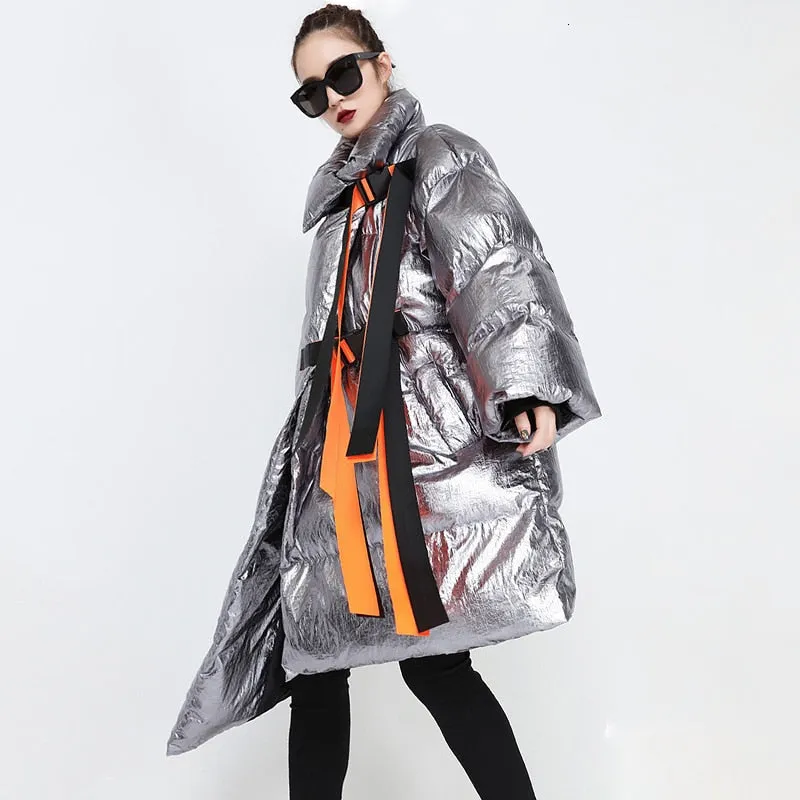 Metallic Silver Puffer Asymmetric Jacket