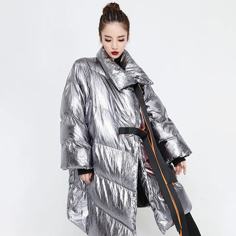 Metallic Silver Puffer Asymmetric Jacket