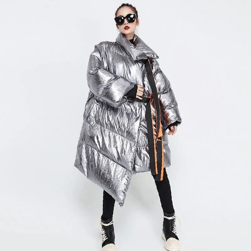 Metallic Silver Puffer Asymmetric Jacket