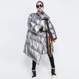 Metallic Silver Puffer Asymmetric Jacket