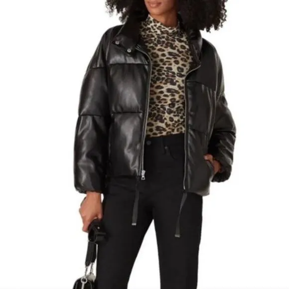 MILLY Black Faux Leather Puffer Jacket