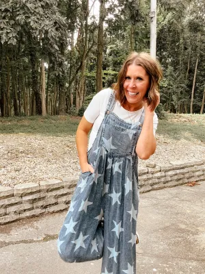 Mineral Wash Star Print Overalls