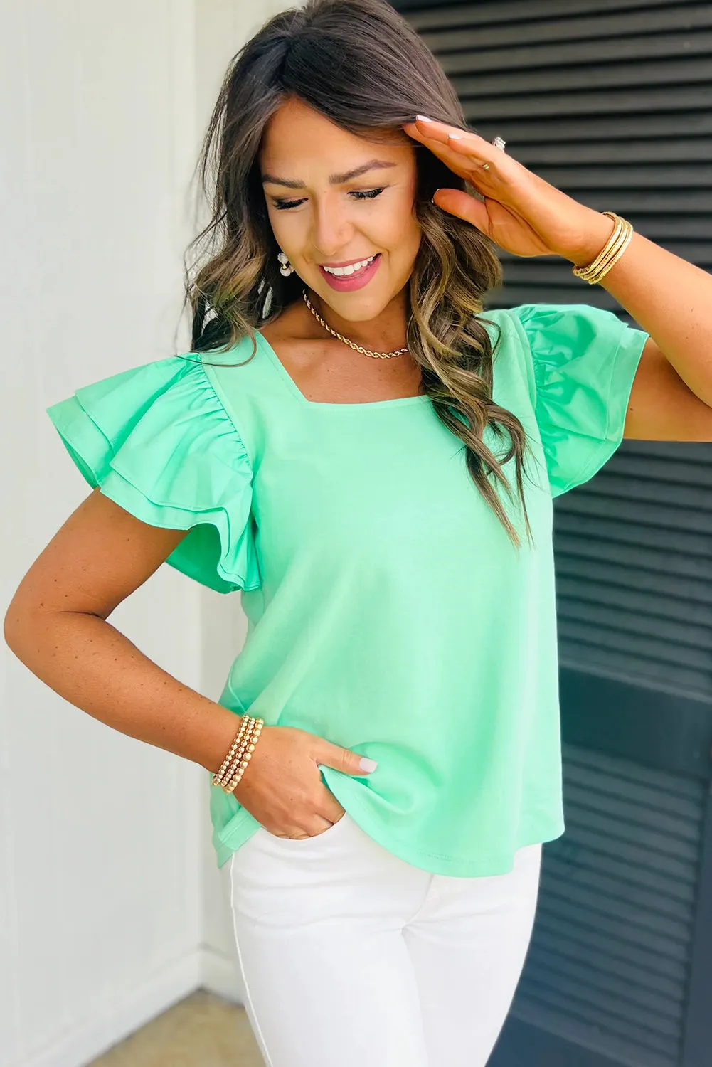 Mint Green Ruffled Patchwork Flutter Sleeve Square Neck Top