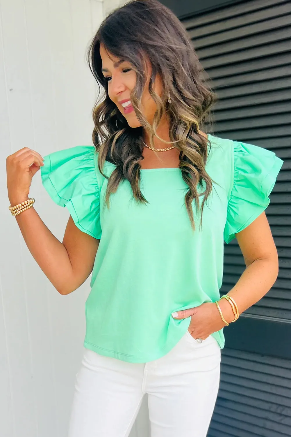 Mint Green Ruffled Patchwork Flutter Sleeve Square Neck Top
