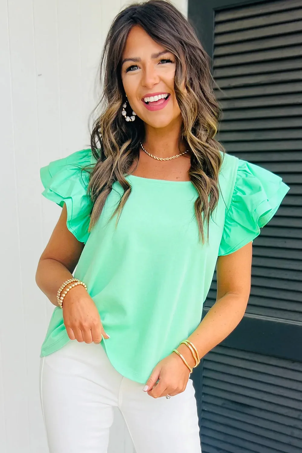 Mint Green Ruffled Patchwork Flutter Sleeve Square Neck Top