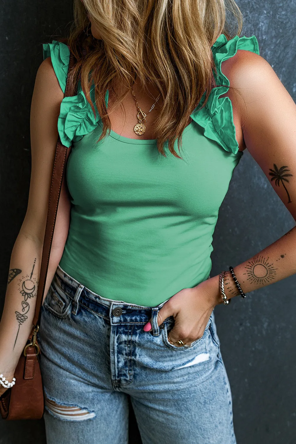 Mint Green Ruffled Wide Straps Slim Tank Top