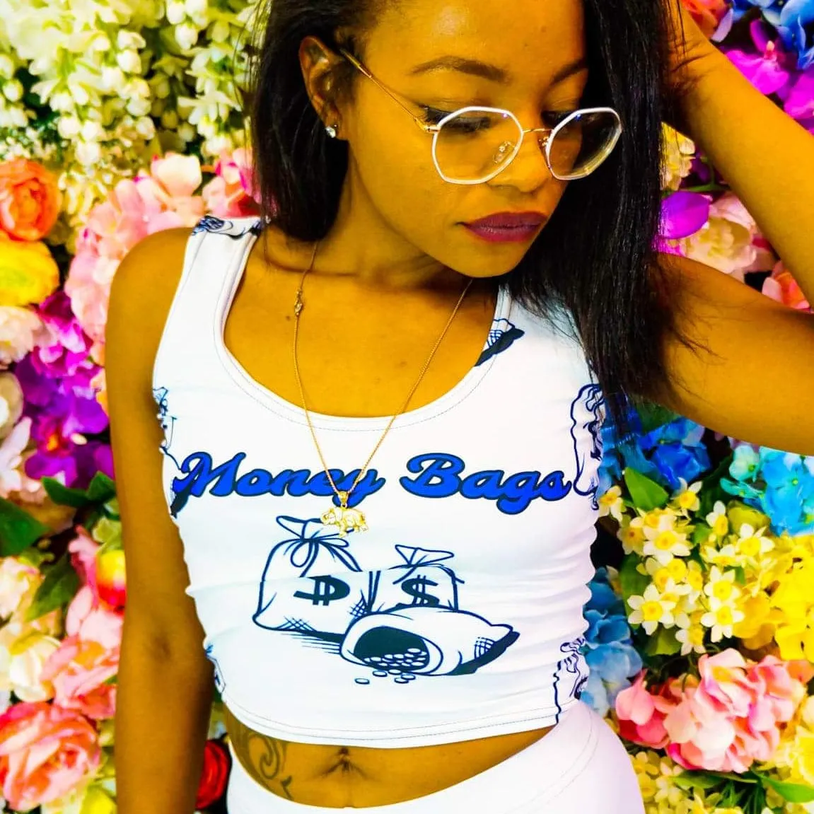 Money Bags Fitted Crop Top - White