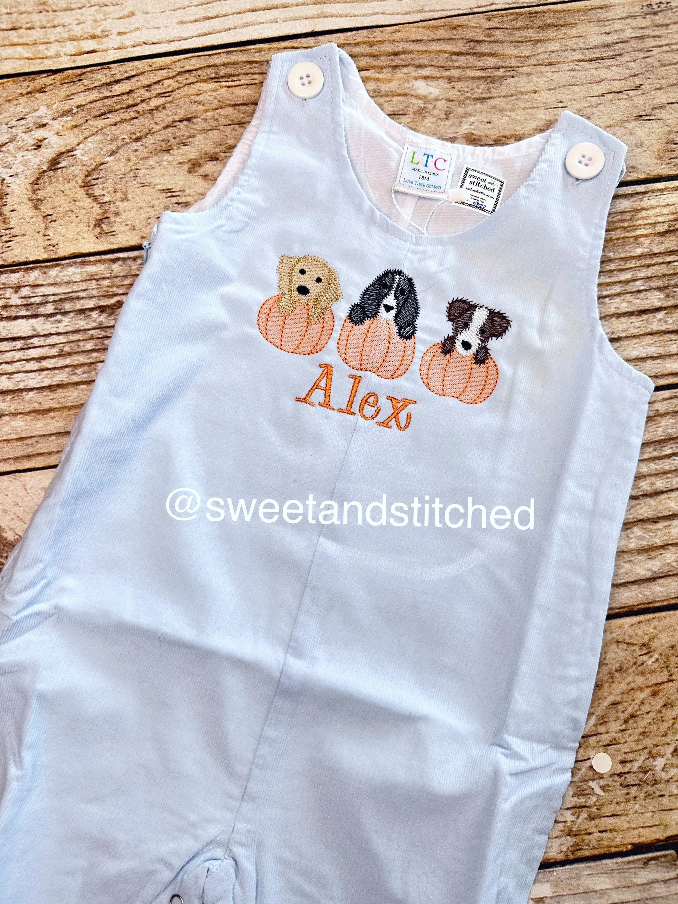 Monogrammed boys pumpkin overalls in baby blue corduroy, Boys halloween fall outfit with dogs and pumpkins, baby boy thanksgiving outfit