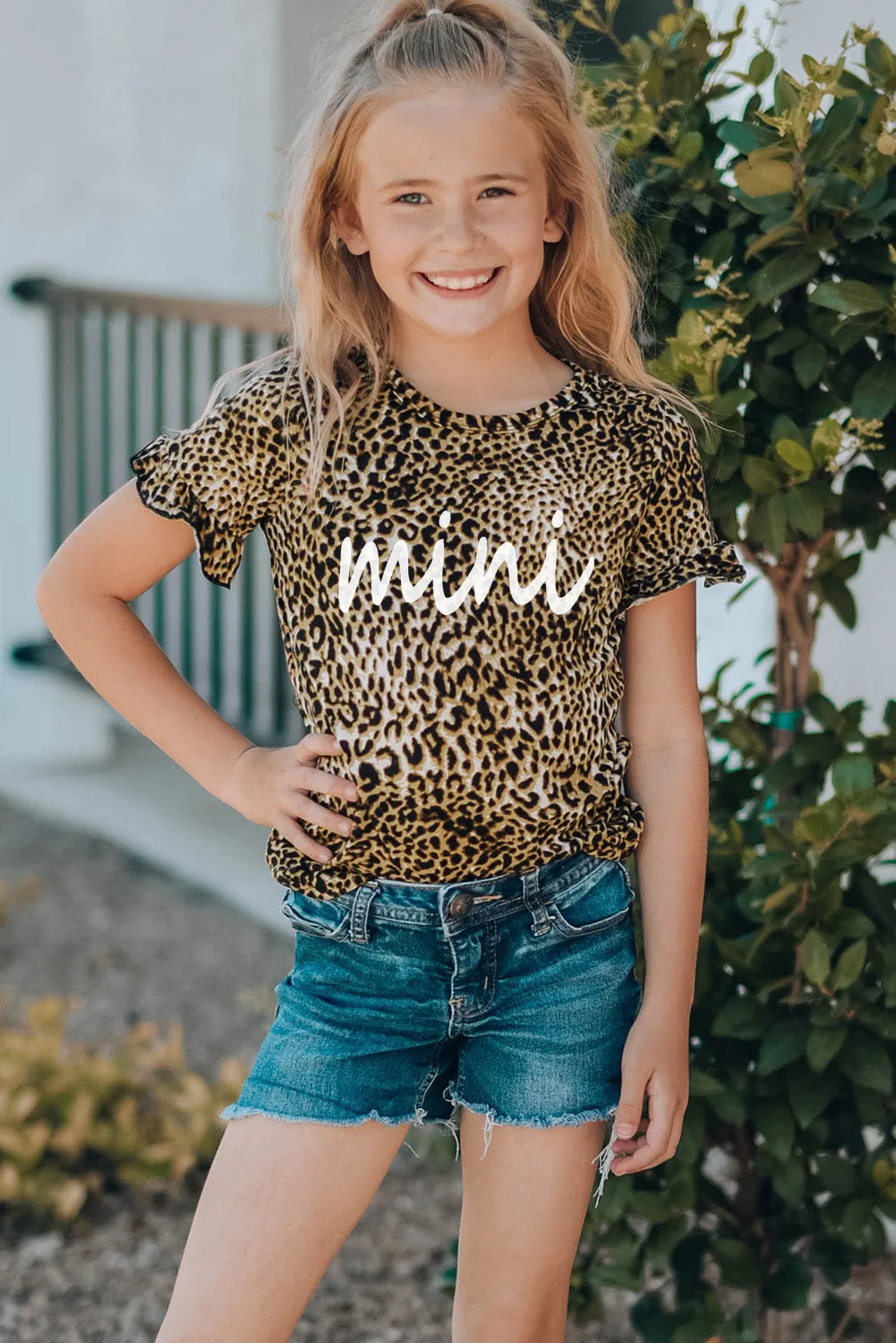 Mother and Me Leopard Mini Ruffled Short Sleeve Girl's T Shirt