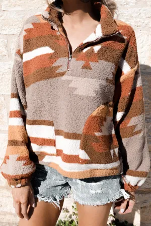 Multicolor Aztec Quarter Zip Pocketed Fleece Sweatshirt