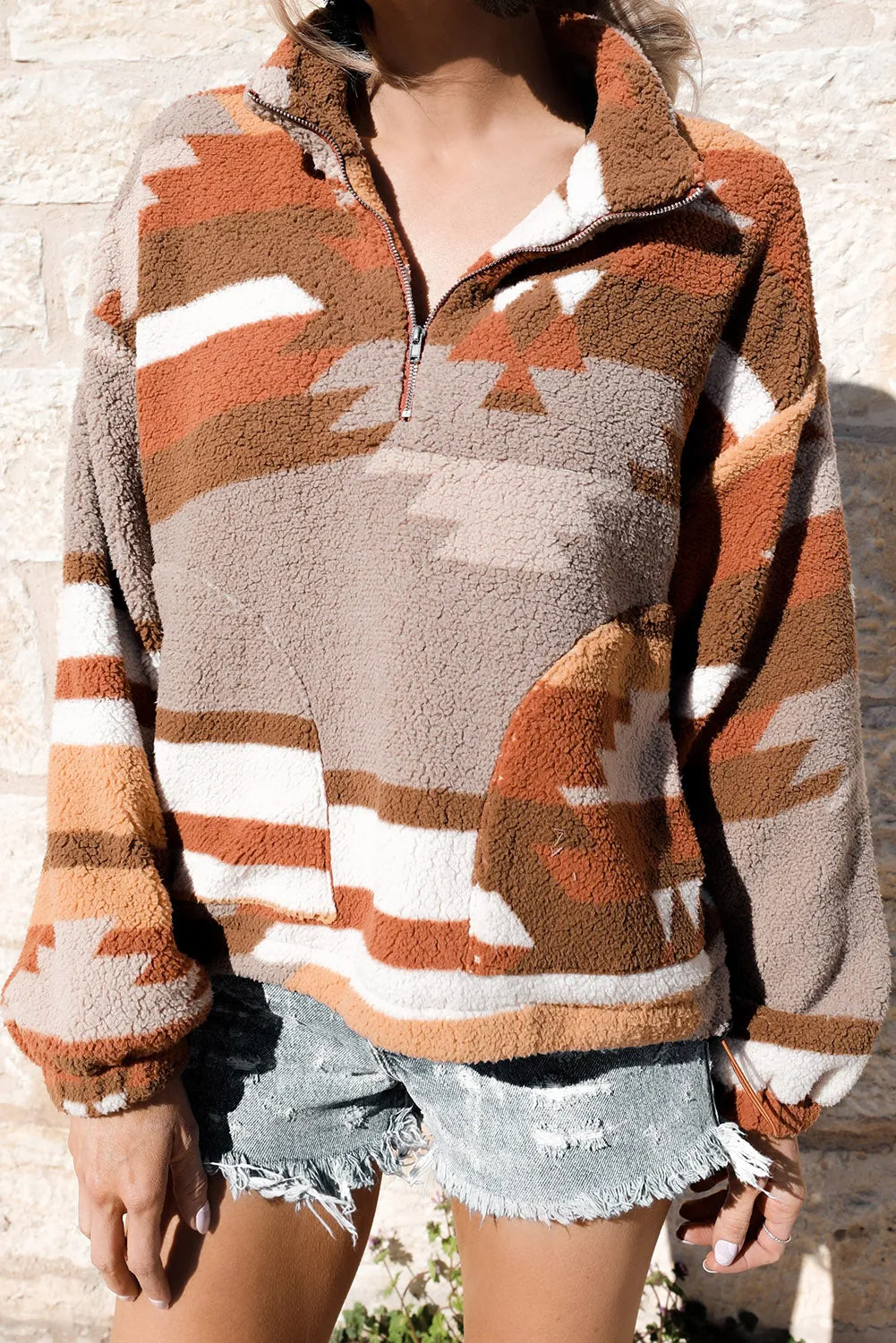 Multicolor Aztec Quarter Zip Pocketed Fleece Sweatshirt