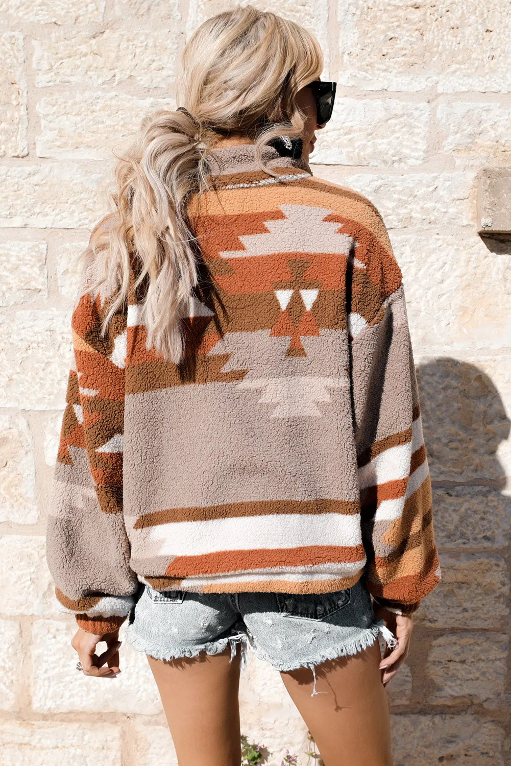 Multicolor Aztec Quarter Zip Pocketed Fleece Sweatshirt