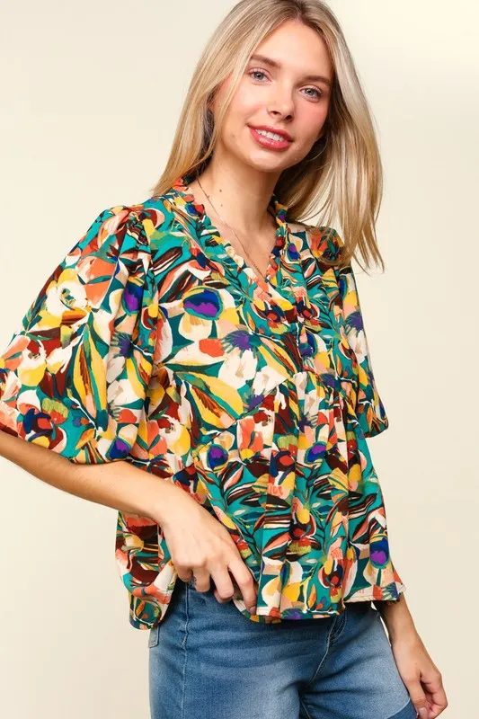 Multicolor Frill Floral Puff Sleeve Peplum Blouse