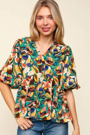 Multicolor Frill Floral Puff Sleeve Peplum Blouse