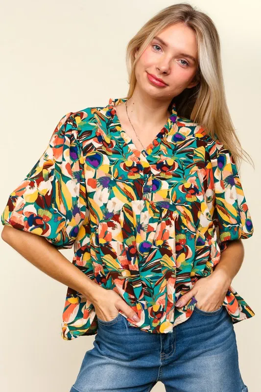 Multicolor Frill Floral Puff Sleeve Peplum Blouse