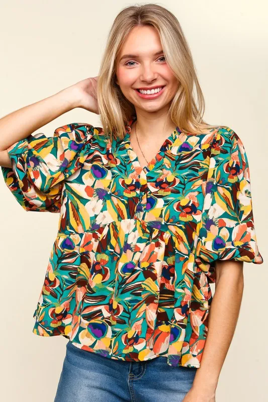 Multicolor Frill Floral Puff Sleeve Peplum Blouse
