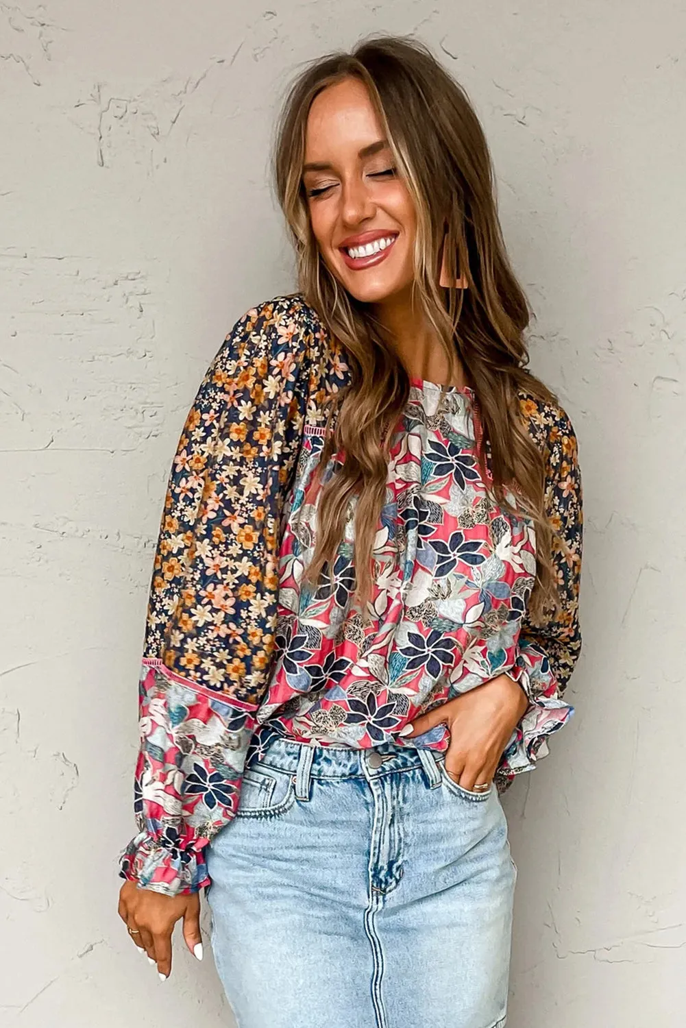 Multicolor Mix Floral Balloon Sleeve Ruffled Cuff Blouse