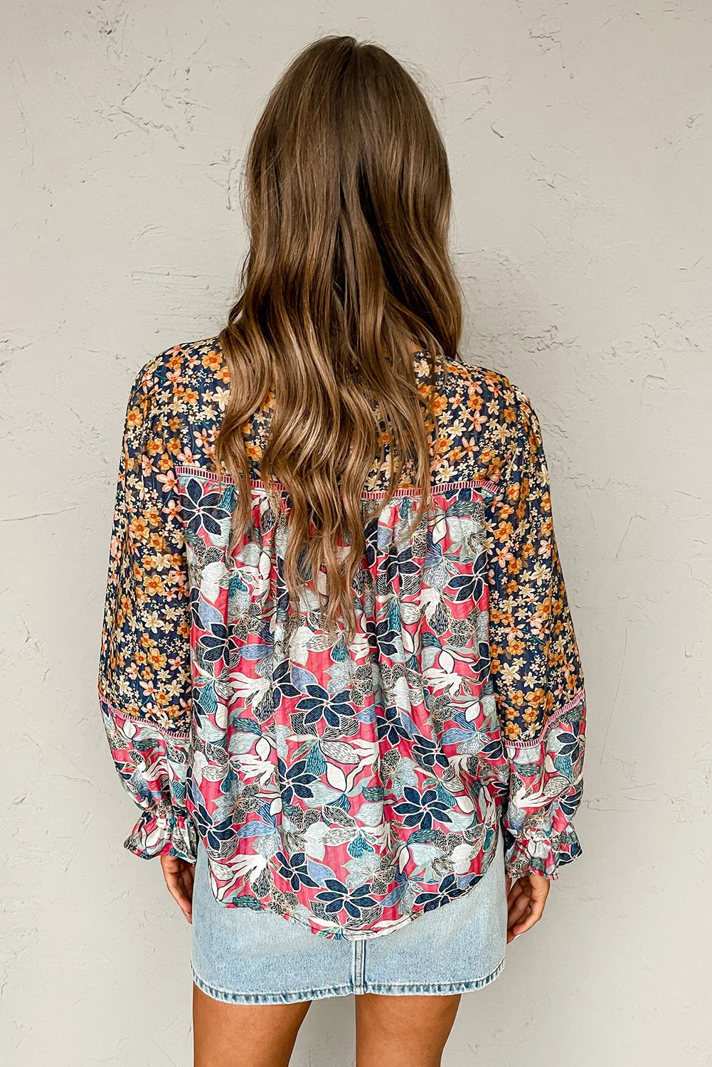 Multicolor Mix Floral Balloon Sleeve Ruffled Cuff Blouse