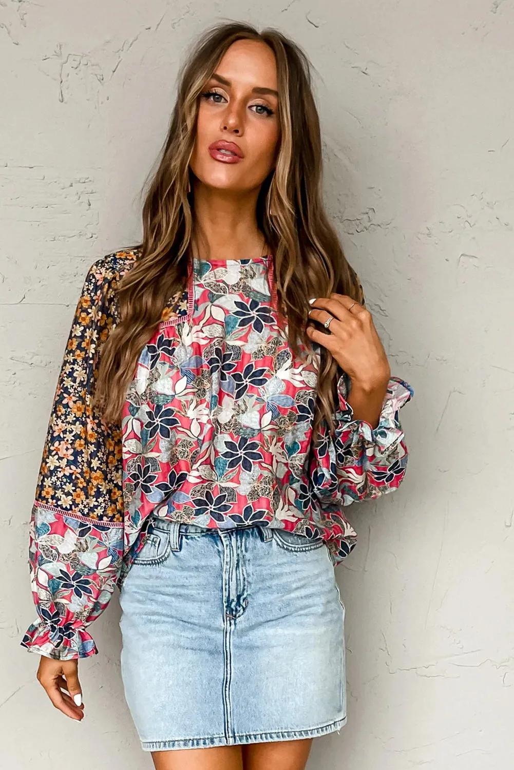 Multicolor Mix Floral Balloon Sleeve Ruffled Cuff Blouse