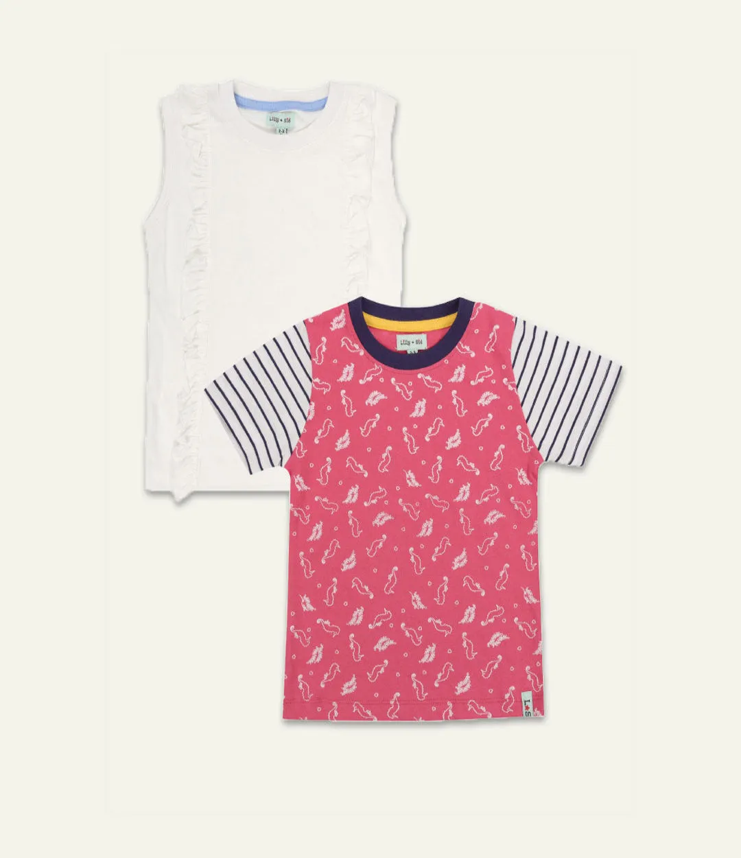 Multicoloured Seahorse Print & Plain Top -2 Pack