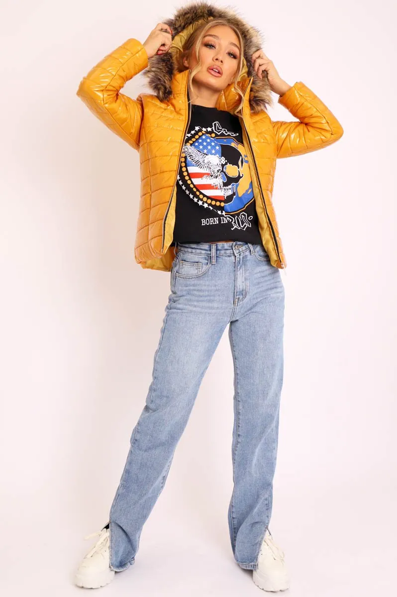 Mustard Wet Look Puffer Coat - Soph