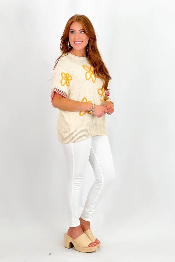 Natural Half Sleeve Flower Pattern Sweater