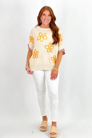 Natural Half Sleeve Flower Pattern Sweater