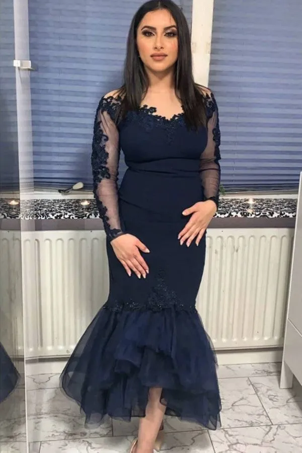 Navy Long Sleeve Mermaid Evening Dress Floor Length