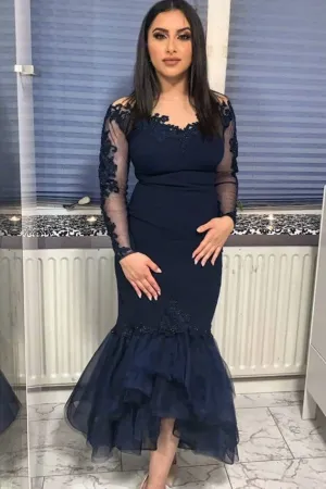 Navy Long Sleeve Mermaid Evening Dress Floor Length