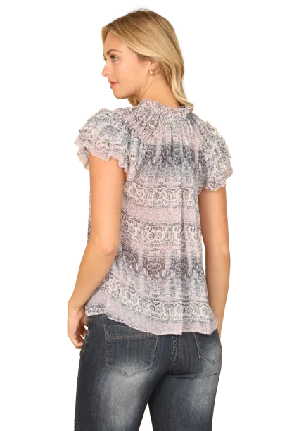 Navy Pink Flutter Sleeve Keyhole Tie Neck Printed Top - Pack of 5