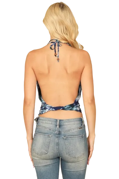 Navy White Deep Neck Halter Waist Tie Backless Printed Top - Pack of 5