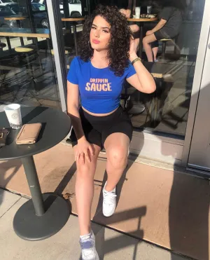 Neon Grapefruit Glitter Drippin Sauce | Blue Crop Top Tee