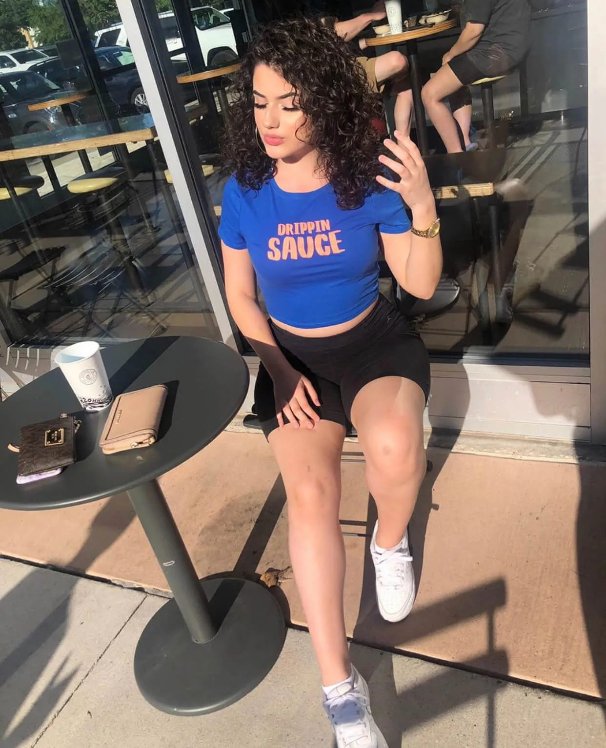Neon Grapefruit Glitter Drippin Sauce | Blue Crop Top Tee