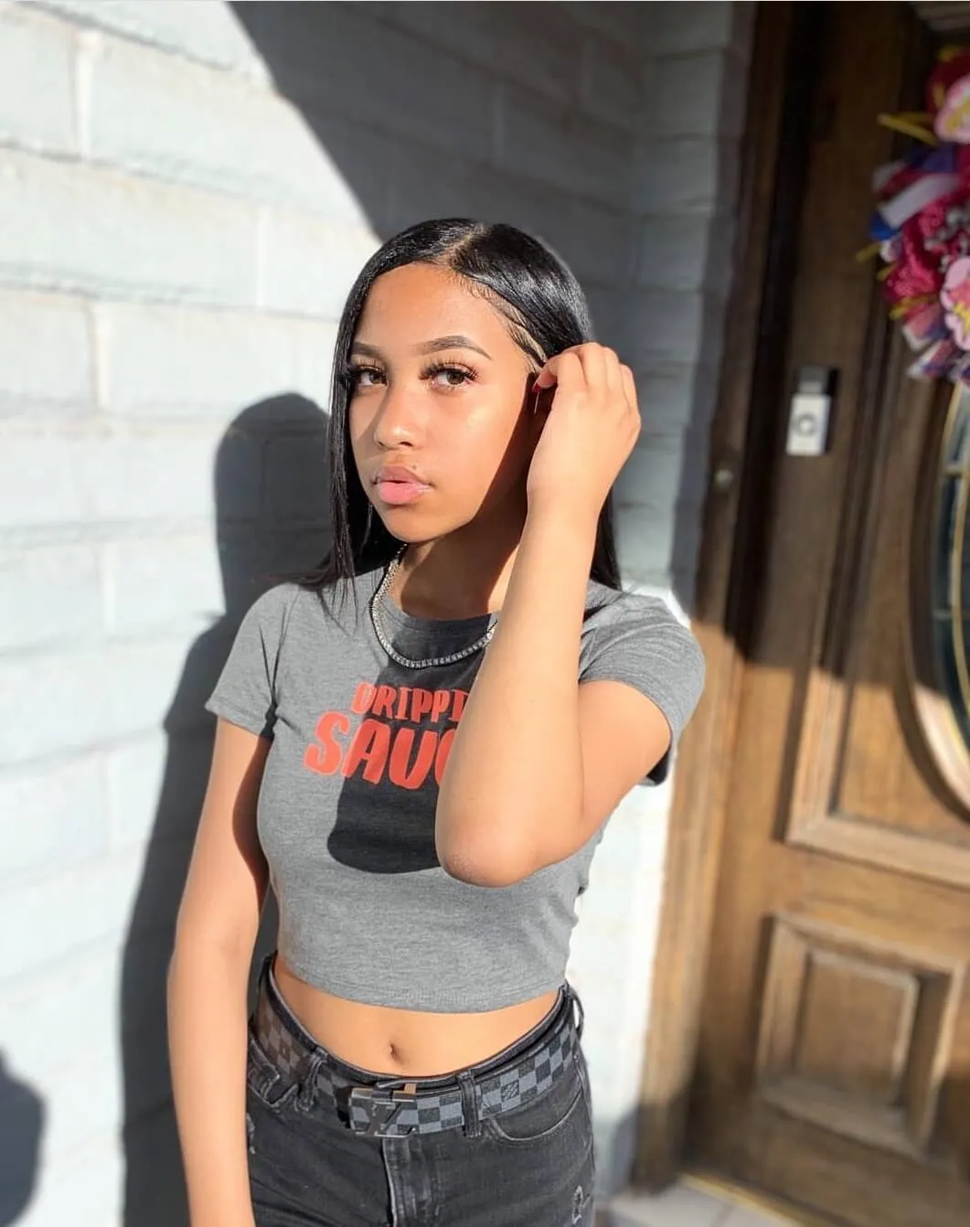 Neon Grapefruit Glitter Drippin Sauce | Gray Heather Crop Top