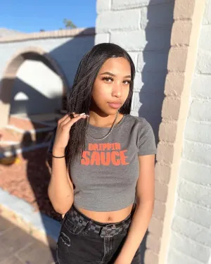 Neon Grapefruit Glitter Drippin Sauce | Gray Heather Crop Top
