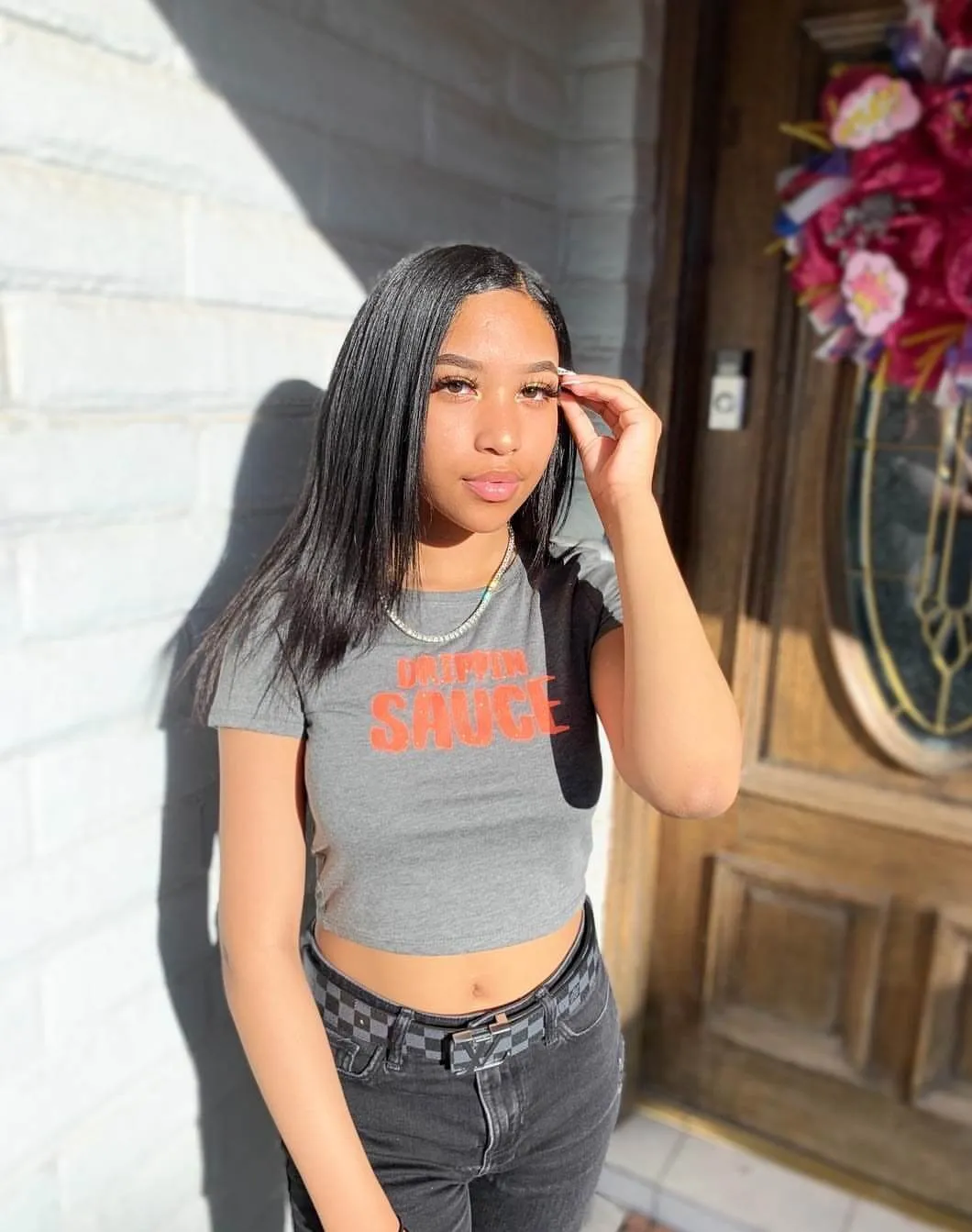 Neon Grapefruit Glitter Drippin Sauce | Gray Heather Crop Top