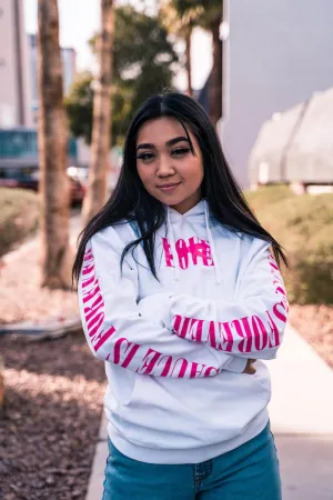 Neon Pink LOVE | White Hoodie (Neon Pink Sauce Is Forever Sleeves)