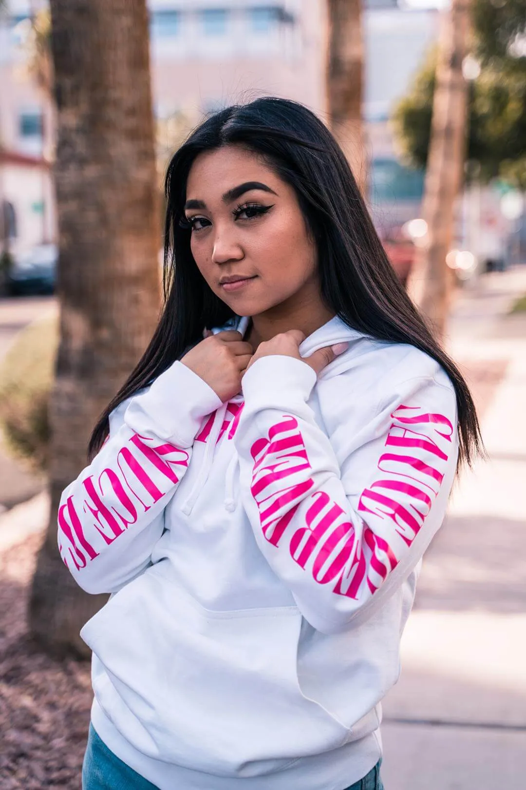 Neon Pink LOVE | White Hoodie (Neon Pink Sauce Is Forever Sleeves)