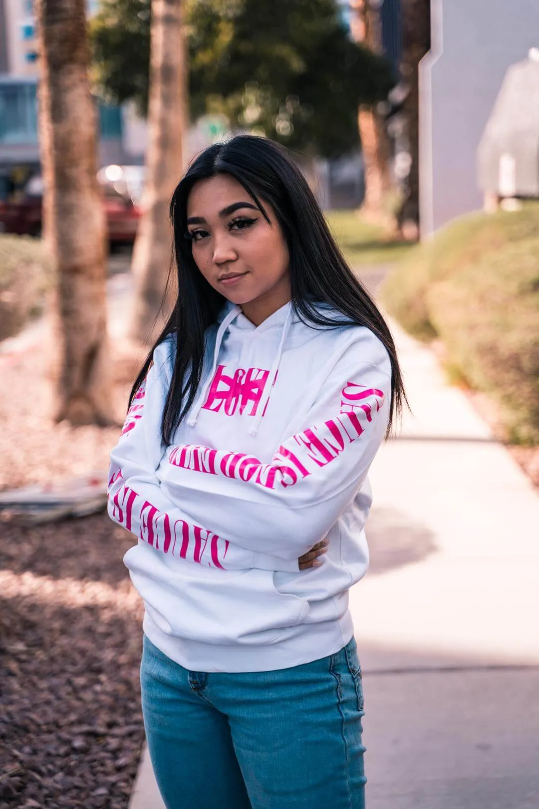 Neon Pink LOVE | White Hoodie (Neon Pink Sauce Is Forever Sleeves)