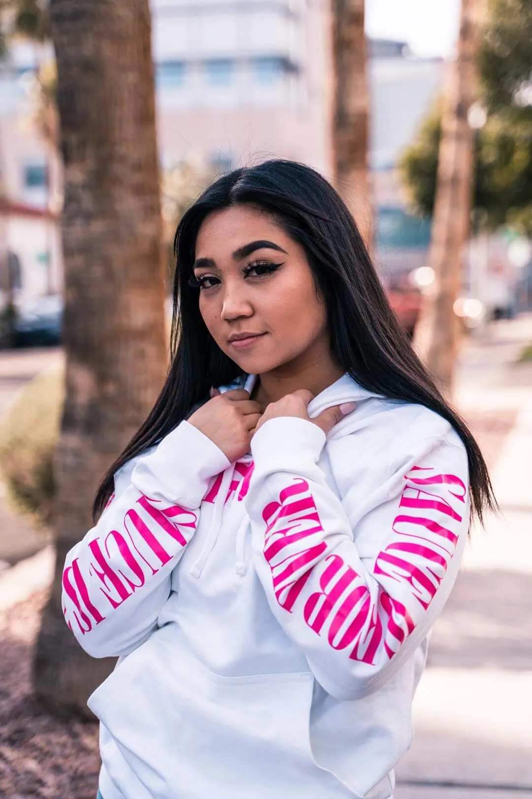 Neon Pink LOVE | White Hoodie (Neon Pink Sauce Is Forever Sleeves)