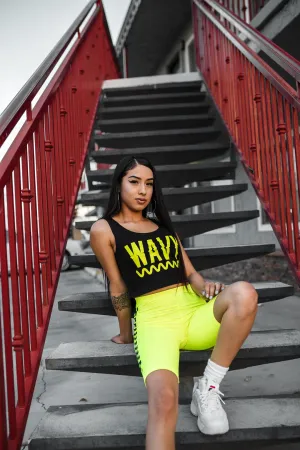 Neon Yellow Wavy | Black Crop Top Tank