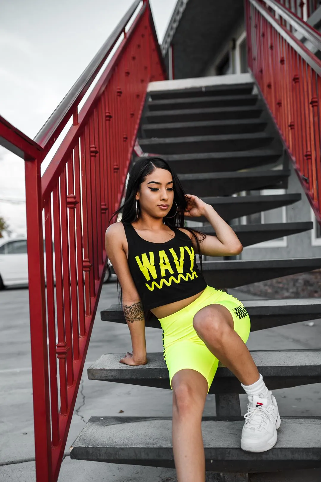 Neon Yellow Wavy | Black Crop Top Tank