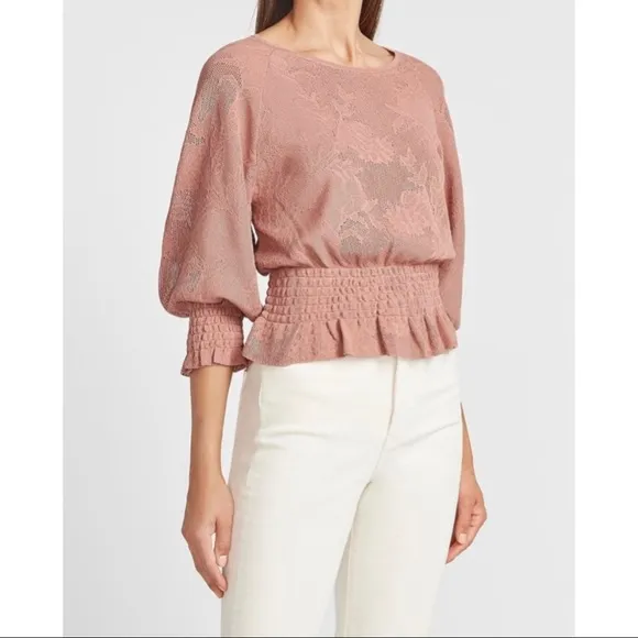 NEW! EXPRESS Rose Lace Stitched Smocked Peplum Sweater