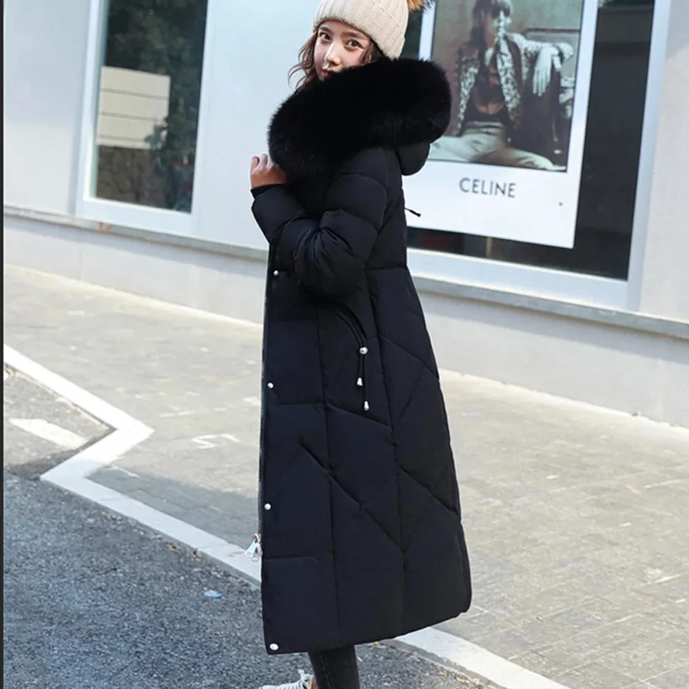 New Plus Size Down Cotton Coat for Women - Long Winter Puffer Parka, Thick Warm Hooded Jacket with Zipper Overcoat