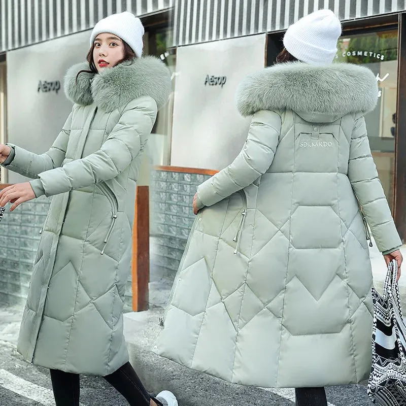 New Plus Size Down Cotton Coat for Women - Long Winter Puffer Parka, Thick Warm Hooded Jacket with Zipper Overcoat